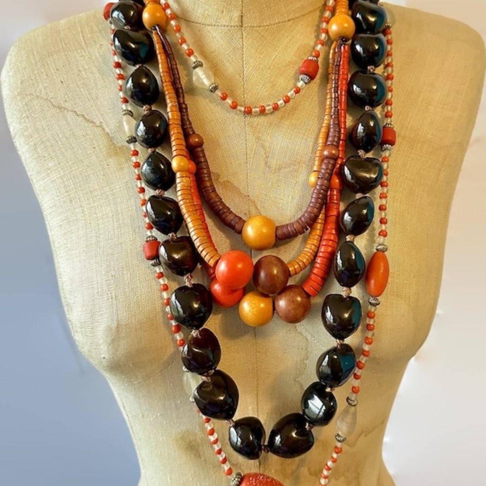 Necklace Layer Lot, Massive, 70s, Boho, Statement, Glass, Wood, Nut, Brown,Orang